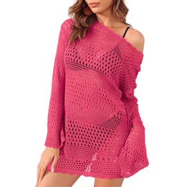 Women's Summer Cover Ups Long Sleeve Beach Dress Bathing Suit Bikini Beachwear Crochet Cover Up Rose Red