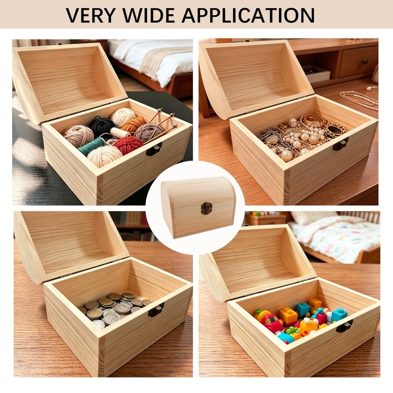 Unfinished Wooden Box with Hinged Lid for DIY Craft Storage