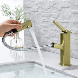 KAIYING Bathroom Sink Faucet with Pull Out Sprayer, Single Handle Basin Mixer Tap for Hot and Cold Water, Lavatory Pull Down Vessel Sink Faucet with Rotating Spout (Regular,Brushed Champagne Gold)
