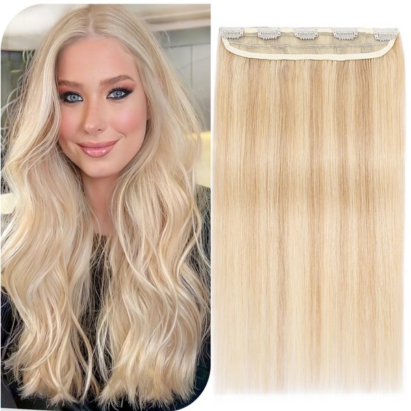 Benehair Clip-In Real Hair Extensions, 100% Real Hair, Camel Mixed Light Gold Real Hair Extensions, 1 Piece with 5 Clip Hair Extensions, 35 cm, 40 g, #18P613