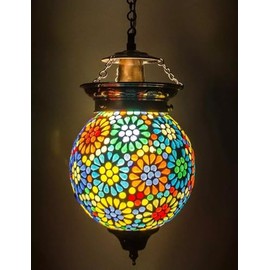 Turkish Mosaic Pendant Lamp Handmade Stained Glass Hanging Light Vintage Bohemian Moroccan Colorful Decorative Ottoman Style Fixture Ideal for Hallway, Living Room, Café, or Bedroom (15X 7X 60 Cm)