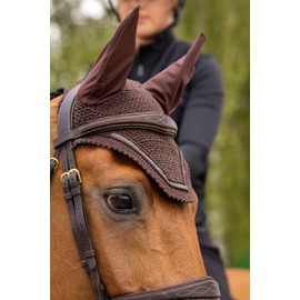 LeMieux Crystal Ear Bonnet with Soft Lycra Ears - Close Knit Crochet - Comfortable Fit Equestrian Mask - Sport Horse Wear Fly Protection - Brown - Large