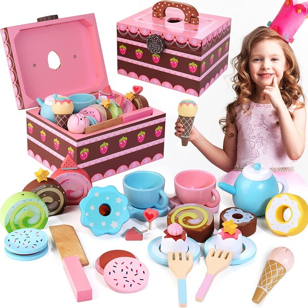 Lawcephun Wooden Tea Party Set for Little Girls, 30pcs Princess Tea Set Toy for Pretend Play, Montessori Toys for Toddlers Age 2-6, Birthday Gifts for Girls & Boys