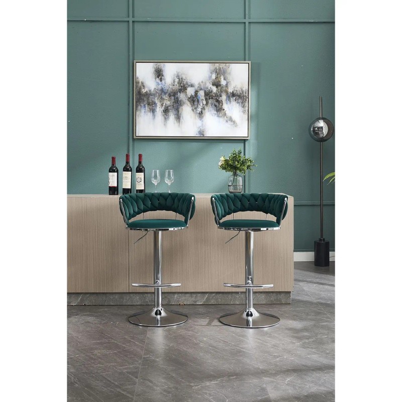 Set 2 Green Bar Stools Chrome Footrest Simple Chrome Leg