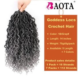 14 Inch 7 Packs Ombre Faux Locs Crochet Hair Goddess Locs Crochet Hair for Women Pre Looped Soft River Locs Gray Crochet Braids with Curly Hair Boho Hippie Locs (T1B/Gray#)