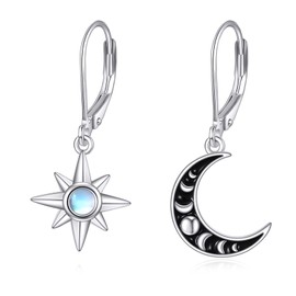 Moon and Star Earrings 925 Sterling Silver Moonstone Drop Dangle Dangling Earrings Black Moon Earrings for Women Jewellery Gift for Women