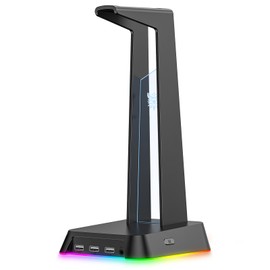 ONITOON RGB Gaming Headset Stand with 3 USB 2.0 Hubs & 3.5MM Audio Jack, Versatile Wired & Wireless Over-Ear Headphones Holder Headsets Hanger, Sturdy Rubber Anti-Slip Base for Desk