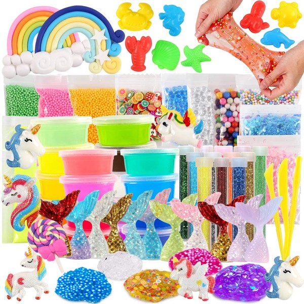 3 otters Slime Kit, 73Pcs DIY Slime Making Kit Toys Party Favors, Slime Set Includes Crystal Slime, Flash Powder, Glitter, Beads Great Gifts Toys for Kids Age 8+ Years Old