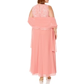 J Kara Women's Petite Sleeveless Scallop Long Beaded Dress W/Scarf, Coral Multi, 14P