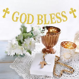 Banner, Bless This Child, First Communion, My Baptism, Baby Shower/Bautismo/Bautismo / Bautizo Decoración para fiestas, suministros de purpurina dorada