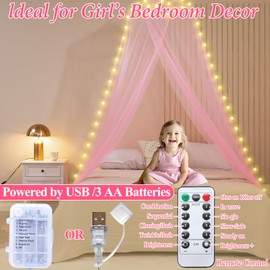 Bed Canopy for Girls, Pink Canopy Bed Curtain with Warm White Star String Lights Remote Control, Dome Princess Canopy for Girls Room Twin Full Queen King Bed Decor