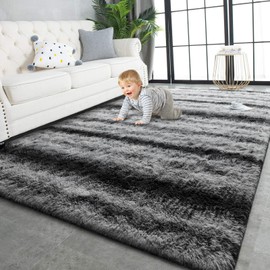 TWINNIS Super Soft Shaggy Rugs Fluffy Carpets, 4x5.9 Feet, Indoor Modern Plush Area Rugs for Living Room Bedroom Kids Room Nursery Home Decor, Upgrade Anti-Skid Rectangular Fuzzy Rug, Gray Black