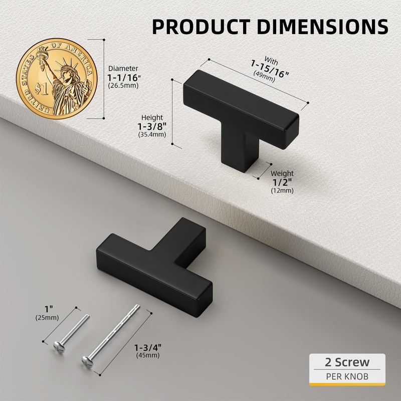 Goldenwarm 5 Pack Black Square T Bar Single Hole Knobs