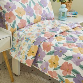 Brandream Floral Toddler Bedding Set for Girls Bed in A Bag Garden Flowers Print 100% Cotton Comforter Sheet Set, Purple Yellow 4 Pieces