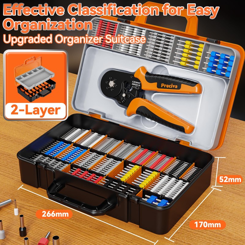 Preciva Ferrule Crimping Tool Kit, Hexagonal Ferrule Crimper AWG23-10/0.25-6mm² with