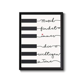 wohnstil Picture, Saying to Music, A4 Poster Framed Black and White, Gift Piano Player Pianists Music Lovers, Typography with Heart