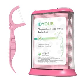 IDYOUS Mint Toothpicks and Automatic Pop-Up Floss Dispenser, Portable Floss Box with 100 Double Line Floss Sticks, Suitable Home Use or Travel Floss Picks(Pink)