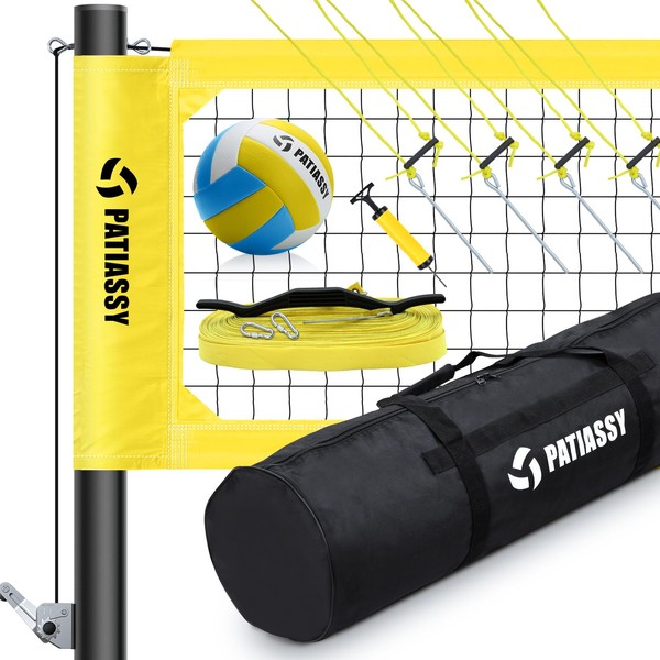 Patiassy Portable Professional Outdoor Volleyball Net Set with Winch System, Adjustable Height Aluminum Poles, Volleyball with Pump and Carrying Bag for Backyard Beach