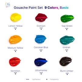 Art Whale Gouache Paint Set 9 Basic Colors (50ml/1.7oz) Cups With Lids|Intense Pigments, Refillable (9 pcs.)