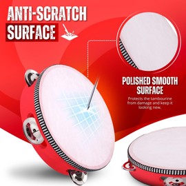 Flexzion Tambourine, Hand Drum with Handle, 15 cm, Moon Shape Musical Percussion Instrument, 1 Row Bell Ring with 4 Pairs of Metal Jingles, Drum Kit for KTV & Party, Red