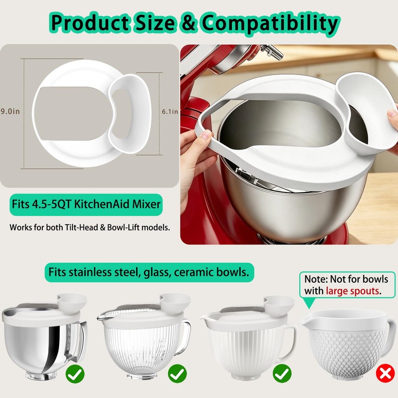 Silicone Flour Funnel with Pouring Shield for KitchenAid 4.5-5QT Mixer