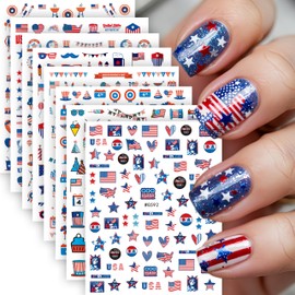 8Pcs 4th of July Nail Stickers for Nail Art 3D Self Adhesive Independence Day Nail Art Stickers USA Flags Fireworks Baseball Heart Stars Letters Nail Design Fourth of July Nails Decor for Women DIY