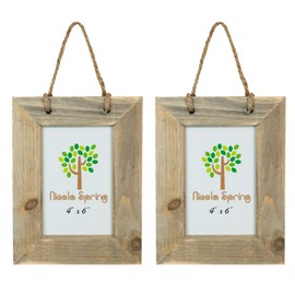 Nicola Spring Hanging Photo Frames - Fits Photo Size 4 x 6 (10 x 15cm) - Pack of 2 - Rustic Natural Wooden Picture Frame Wall Mounted Portrait Orientation Rope Hanging Certificate Poster Frame