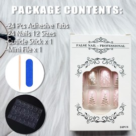 24Pcs Christmas Press on Nails Medium Square Nails Christmas Tree Fake Nails Snowflake Candy Acrylic Nails Design Gold Glitter Glossy Winter Xmas False Nails DIY Manicure Christmas Nail Decoration