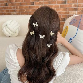 4pcs Mini Butterfly Hair Claw Clips Small Pearl Rhinestone Hair Jaw Clips Glitter Rhinestone Hair Clamp Strong Hold Non-slip Cute Hair Clips for Women Girls (Gold+Silver, One size)