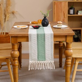 Tosleo Green Macrame Table Runner, Boho Decoration with Tassels, Cotton Flax Mesh Tablecloth for Farmhouse, Bohemian Wedding, Tabletop Decor, Party, Wedding, Kitchen, 30 x 140 cm