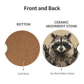 Neukim 2pcs Car Cup Holder Coasters Raccoon Rock Absorbent Ceramic Round Coasters for Auto Accessories
