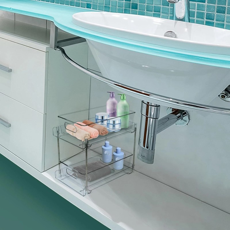 COKIHOM 1-Pack 2-Tier Clear Pull-Out Organizer with Track for Bathroom