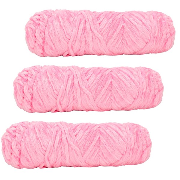 Fouvin Chenille Wool for Crocheting - 3 Rolls Thick Wool for Crochet (3 x 100 g), Fluffy Velvety Baby Wool, Chenille Wool Soft for Crochet & Knitting, for Knitted Jumpers, Scarves and Bags (Pink)