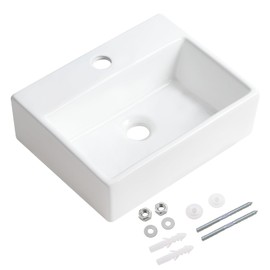 KARAMAG Small Vessel Sink 15"x12" Wall Mount Bathroom Sink Rectangular White Porcelain Ceramic Mini Floating Sink Tiny Bathroom Sink Wall Mounted RV Sink