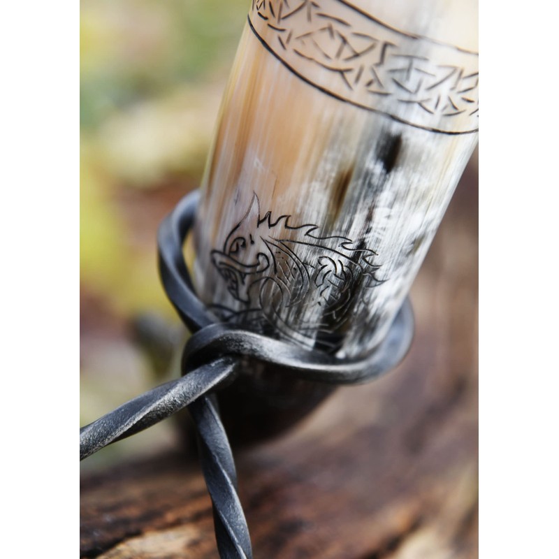Battle-Merchant High Quality Viking Drinking Horn with Stand and Fenrir
