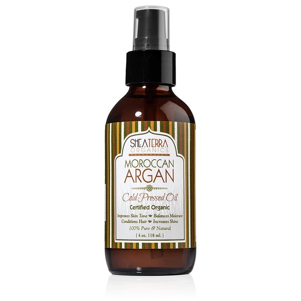 Shea Terra Moroccan Argan Cold-Pressed Extra Virgin Oil | Nutrient-Rich, All Natural & Organic Oil with Anti-Aging Vitamin A and E to Increase Skin Elasticity and Condition Dry & Damaged Hair – 4 oz
