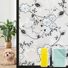 Bloss Frosted Privacy Window Film with Installation Tools,Decorative Windows Privacy Film,Floral Stained Glass Window Film,Heat Control Non Adhesive Windows Tint for Home Office (11.8 x 78.7 Inches)