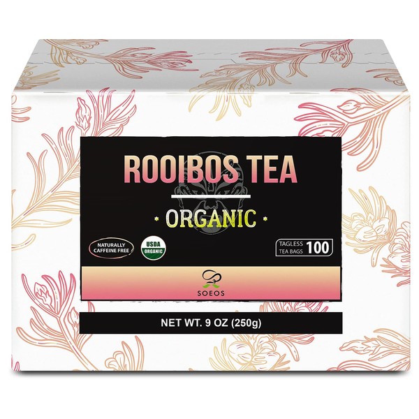 Soeos Organic Rooibos Tea, 9oz (250g), 100 Tagless Tea Bag, Naturally Caffeine Free, USDA Organic