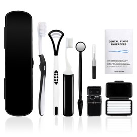 OUMJCING Portable Orthodontic Oral Care Kit - Orthodontic Dental Care Kit for Braces with Travel Case,Includes V/U-Shape Toothbrushes, Floss Threaders & Ortho Wax (Black)