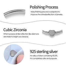 Pandach 925 Sterling Silver Clear CZ Clasp Snake Chain Bracelet Basic Charm Bracelets Fit Any Charm, with for Teen Women