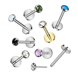 Amelia Fashion 18 GA Implant Grade Titanium Threadless Push In Labret, Flat Back Stud With Round Flat Bezel Set CZ or Opal Top (Choose Color) (Black)