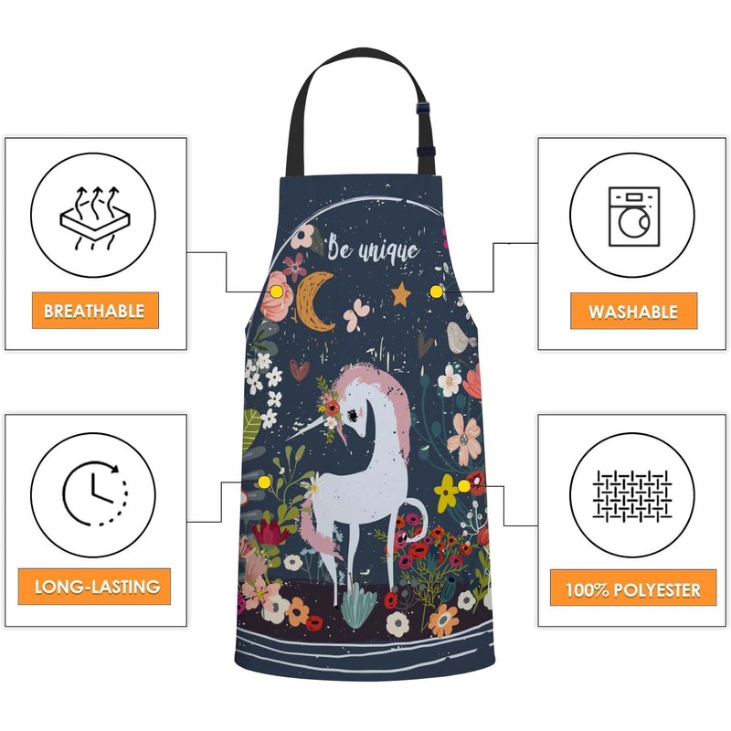 Smooffly Unicorn Floral Moon Apron,Adjustable Neck Bib Apron for Men