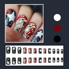 Independence Day Press On Nails Short Square Fake Nails With Eagle Star Design Nails Press Ons Stick On Nails Full Cover 4th Of July Acrylic Glue On Nails Glossy False Nails For Women Girls