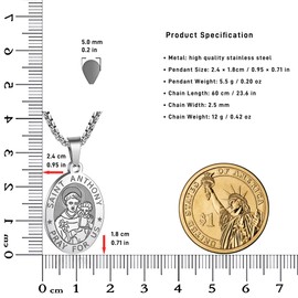 Yaumatea St. Anthony of Padua Necklace, Patron Saint of Lost Things, Protection Medal, Catholic Gift, Stainless Steel 24" Chain (Silver)