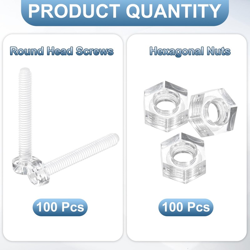 uxcell 100 Sets Clear Acrylic Screws and Nuts Kit, M3