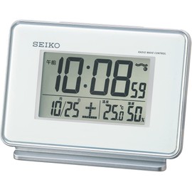 Seiko Clock SQ767W Seiko Alarm Clock, Radio Control, Digital, 2-Channel Alarm, Calendar, Temperature, Humidity Display, White
