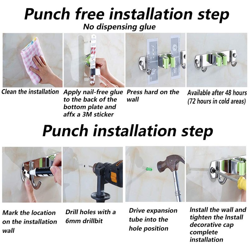 DGSL 4 PCS Broom Holder Wall Mount with 3 Racks