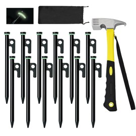 12 Pack Tent Stake with Hammer, 8in Heavy Duty Tent Stakes + 10in Camping Hammer+Storage Pouch, Forged Steel Tent Stakes for Camping Used on Rocks（12 Pack 8in Tent Stakes+Hammer）