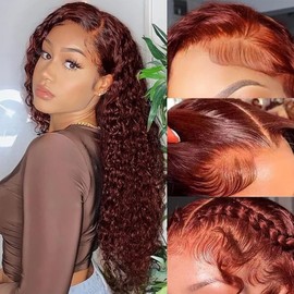 htsly Marrón Rojizo Onda De Agua Encaje Frontal Pelucas Cabello Humano Castaño 13X4 Peluca Frontal De Encaje Cabello Humano Para Mujeres 180% Densidad Cobre Rojo Encaje Frontal Pelu