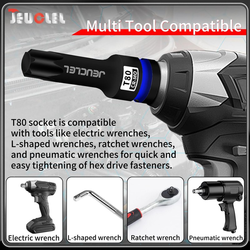 JEUCLEL T80 Torx Bit Socket, 1/2" Drive Torx Star 6